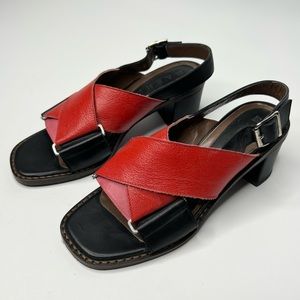 Marni Square Toe Block Heel Slingback Red Black Leather Sandal Size EU 35.5